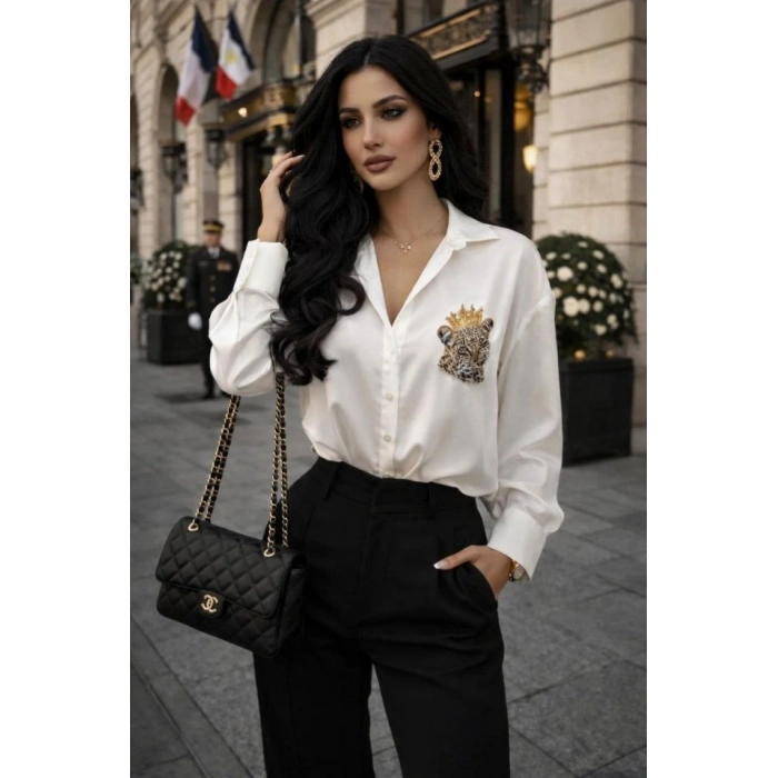 Kadın Leopar Baskılı Taş Işlemeli Jessica Kumaş Gömlek