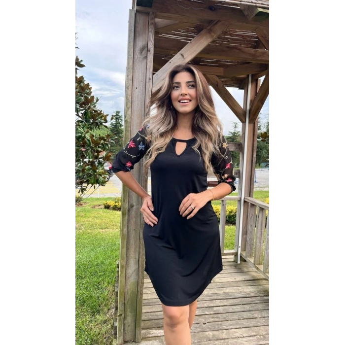 Kadın Fakir Kol Bisiklet Yaka çiçek Desen Sandy Salaş Kısa Elbise