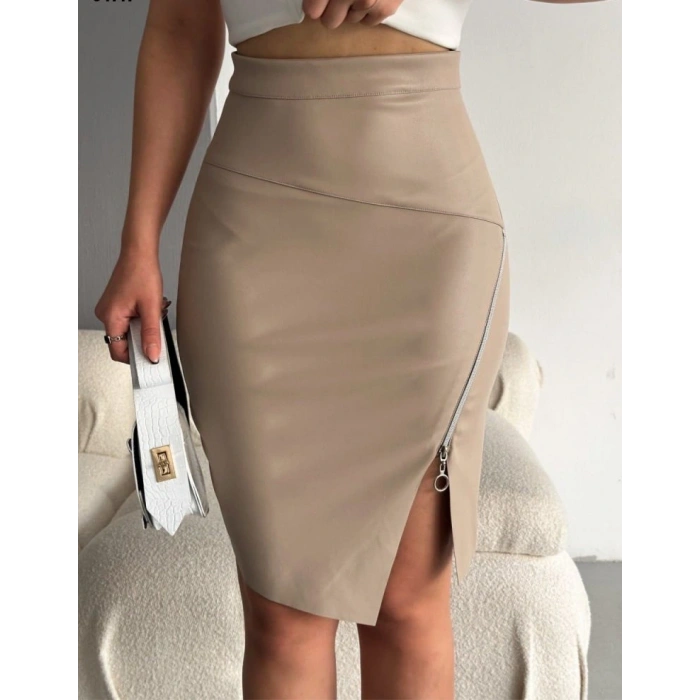 Kadın Fermuarlı Deri Kumaş Mini Etek