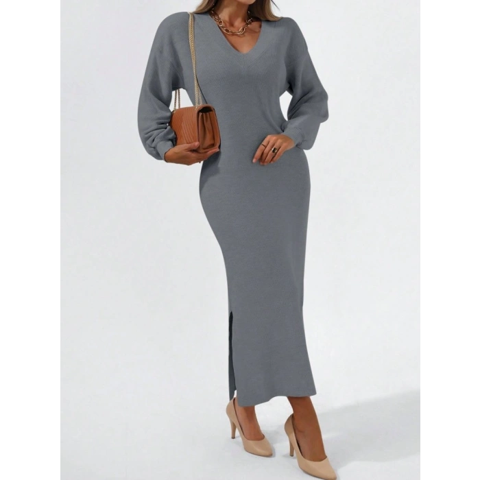 Kadın Gri Uzun Kollu Yırtmaçlı V Yaka Triko Elbise