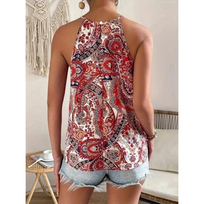 Kadın Halter Kollu Damla Detaylı Desenli Süprem Bluz