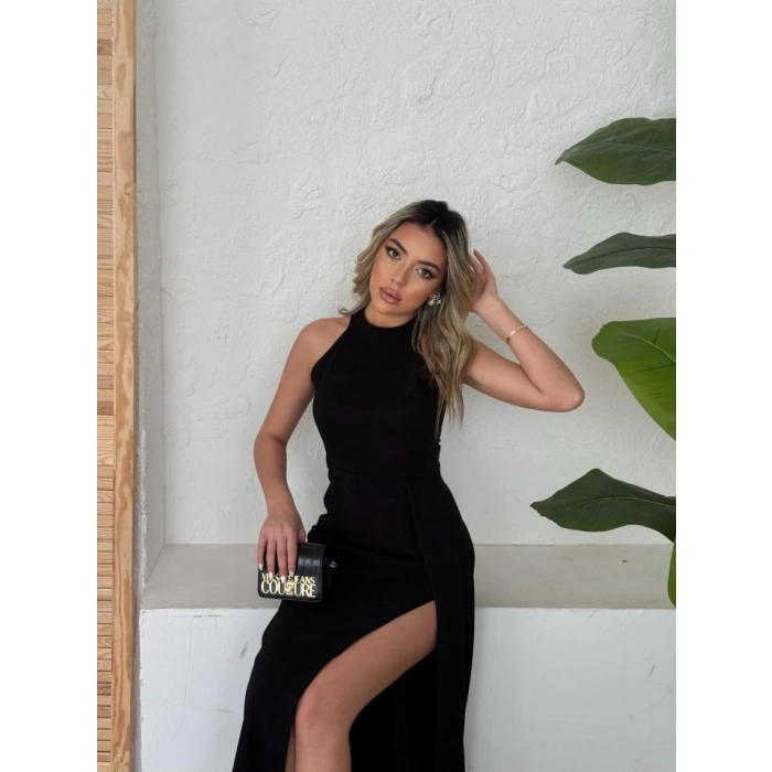 Kadın Halter Yaka Derin Yırtmaç Detaylı Tam Boy Ithal Krep Abiye Elbise