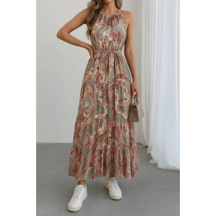 Kadın Halter Yakalı Omuzlardan Açık Kuşaklı Maksi Boy Desenli Süprem Elbise