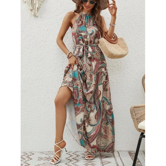 Kadın Halter Yakalı Omuzlardan Açık Kuşaklı Maksi Boy Desenli Süprem Elbise