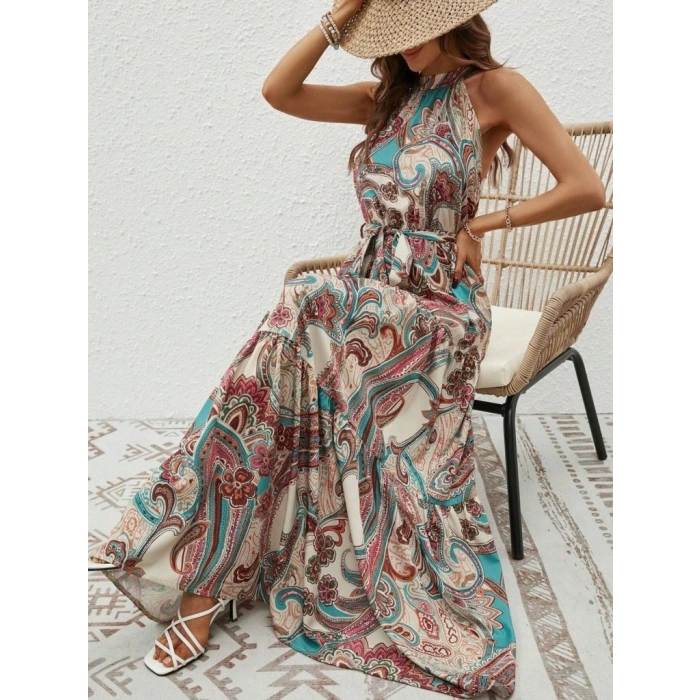 Kadın Halter Yakalı Omuzlardan Açık Kuşaklı Maksi Boy Desenli Süprem Elbise