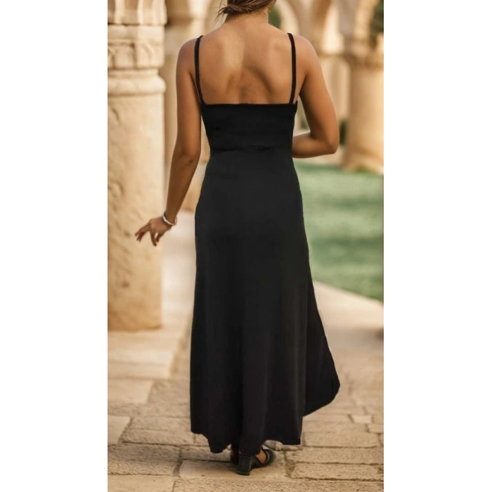 Kadın Ip Askılı Dekolteli Yırtmaç Detay Krep Elbise