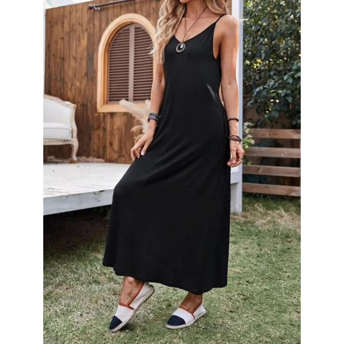 Kadın Ip Askılı Derin Geniş V Yakalı Uzun Viskon Elbise