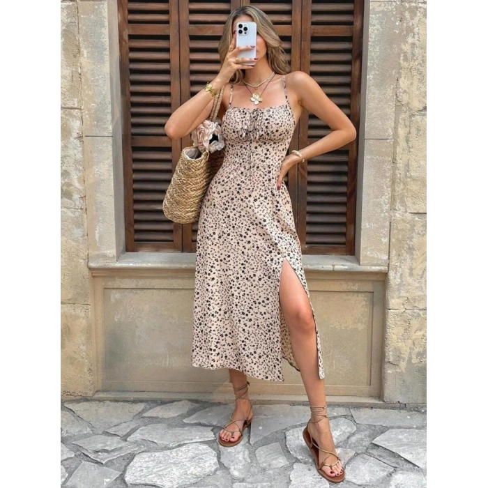 Kadın Ip Askılı Desenli Yırtmaçlı Süprem Midi Elbise