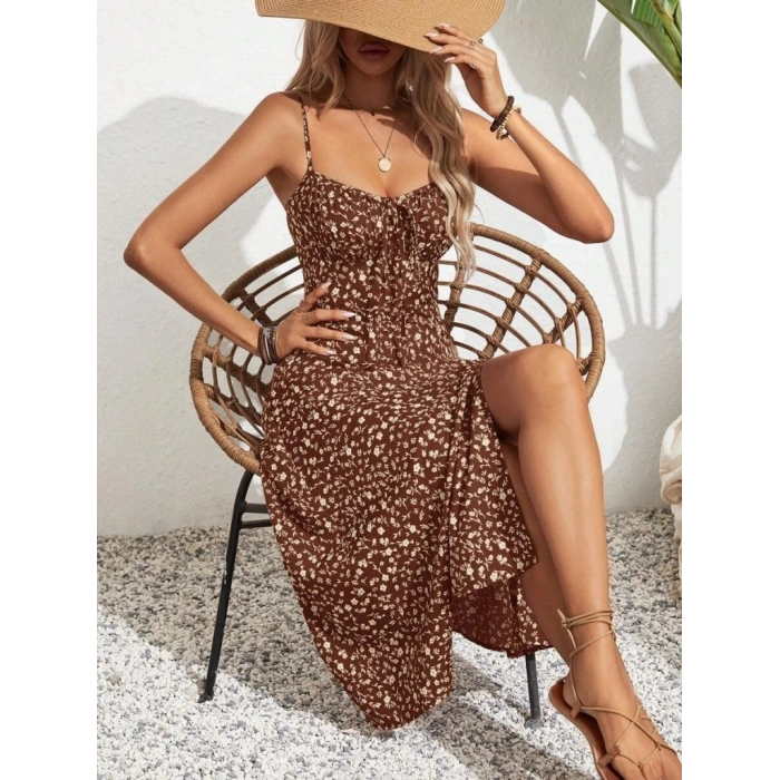 Kadın Ip Askılı Geniş V Yaka Bağcıklı Yandan Yırtmaçlı çiçek Desenli Midi Süprem Elbise