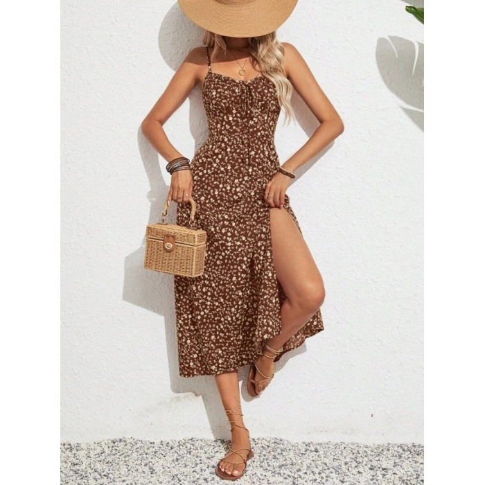 Kadın Ip Askılı Geniş V Yaka Bağcıklı Yandan Yırtmaçlı çiçek Desenli Midi Süprem Elbise