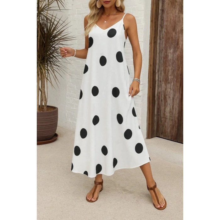 Kadın Ip Askılı Geniş V Yakalı Desenli Süprem Elbise