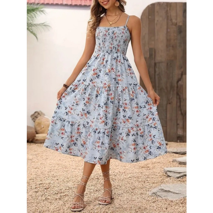 Kadın Ip Askılı Geniş V Yakalı Desenli Uzun Süprem Elbise