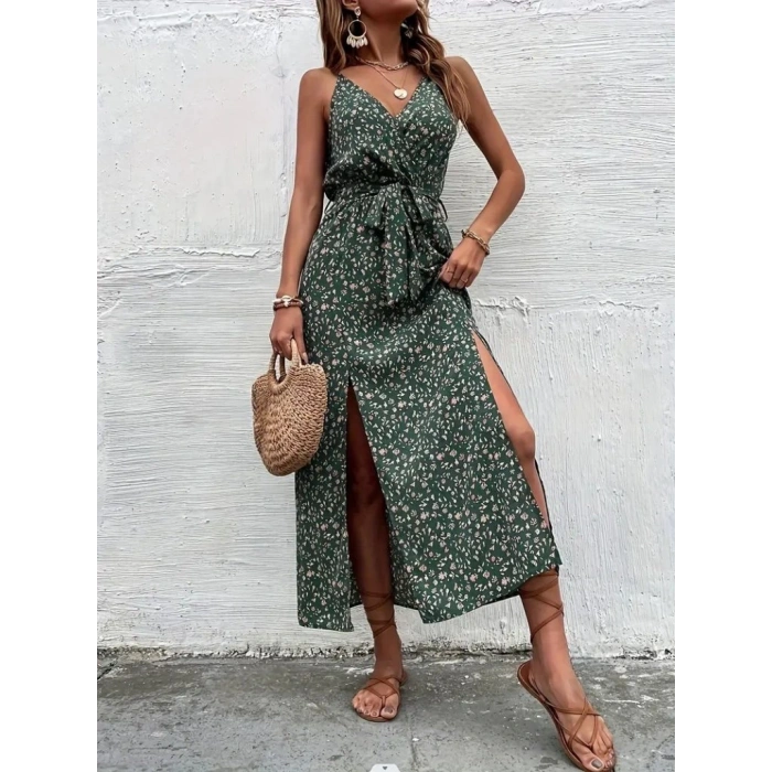 Kadın Ip Askılı Kruvaze Yakalı Yırtmaçlı Uzun Desenli Kuşaklı Süprem Elbise