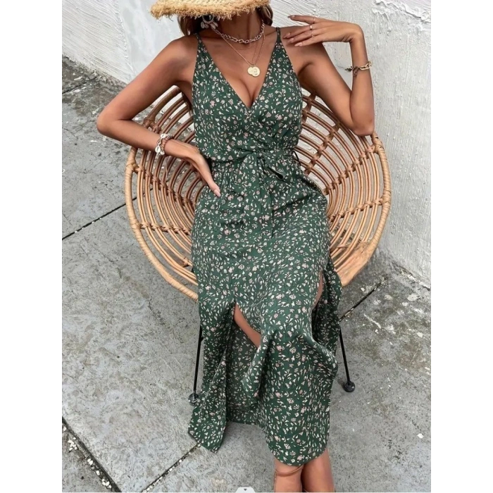 Kadın Ip Askılı Kruvaze Yakalı Yırtmaçlı Uzun Desenli Kuşaklı Süprem Elbise