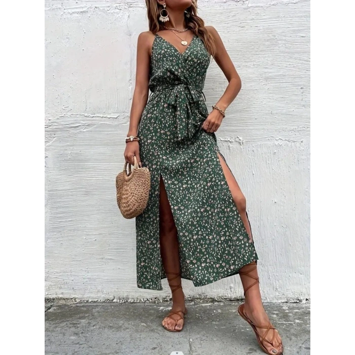 Kadın Ip Askılı Kruvaze Yakalı Yırtmaçlı Uzun Desenli Kuşaklı Süprem Elbise