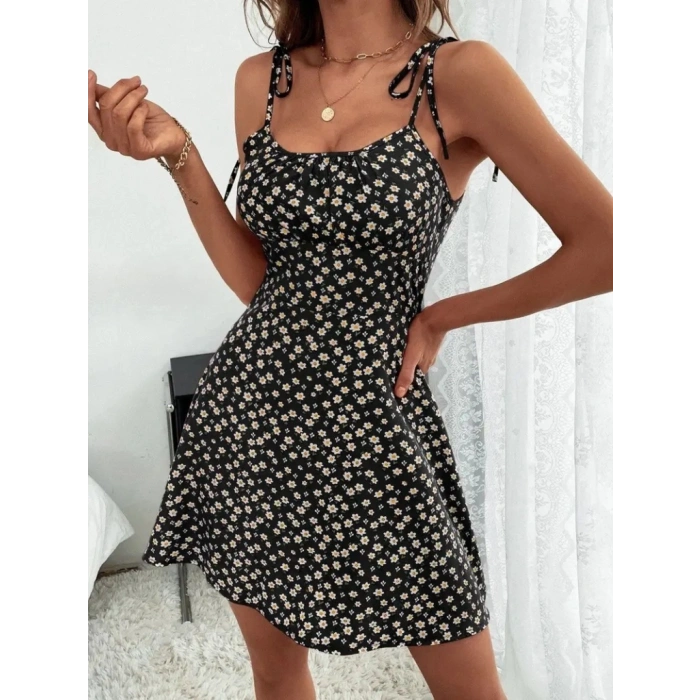 Kadın Ip Askılı Omuzlardan Bağcıklı çiçek Desenli Süprem Elbise