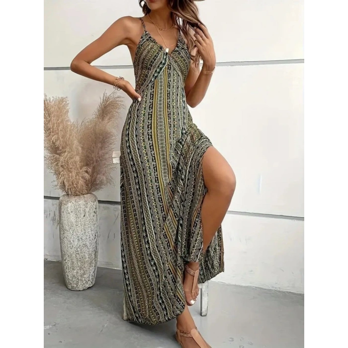 Kadın Ip Askılı Sırttan çapraz Detaylı Yırtmaçlı Desenli Süprem Elbise