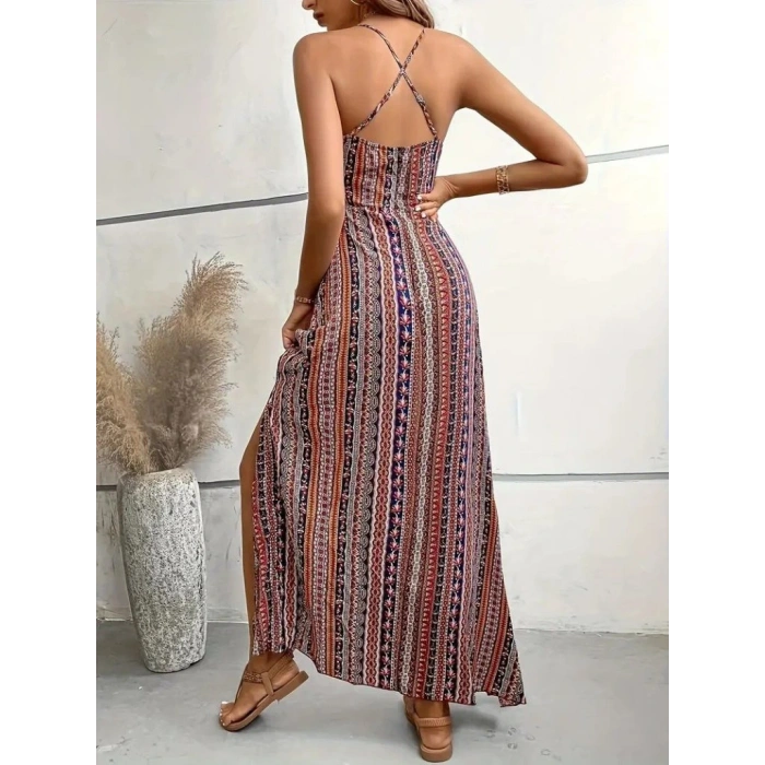 Kadın Ip Askılı Sırttan çapraz Detaylı Yırtmaçlı Desenli Süprem Elbise