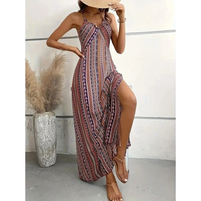 Kadın Ip Askılı Sırttan çapraz Detaylı Yırtmaçlı Desenli Süprem Elbise