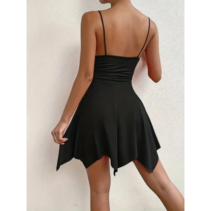 Kadın Ip Askılı V Yakalı Asimetrik Kesim Detaylı Janjan Krep Elbise