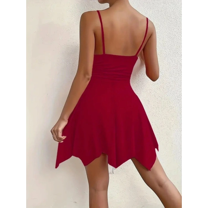 Kadın Ip Askılı V Yakalı Asimetrik Kesim Detaylı Janjan Krep Elbise