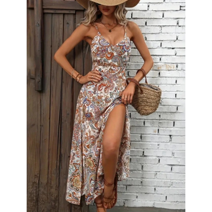 Kadın Ip Askılı V Yakalı Baskılı Yırtmaçlı Süprem Uzun Elbise