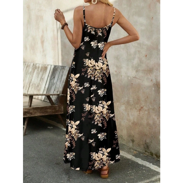 Kadın Ip Askılı V Yakalı çiçek Desenli Süprem Elbise