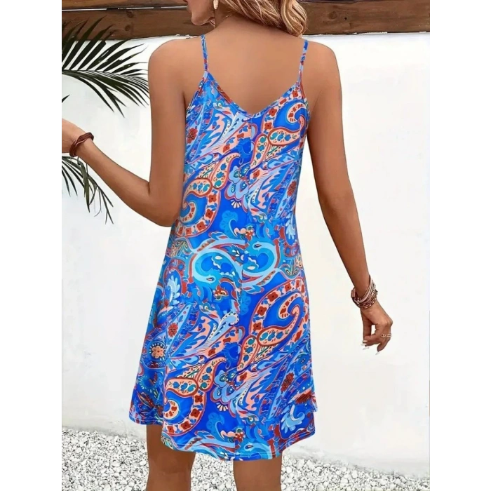 Kadın Ip Askılı V Yakalı Desenli Kısa Süprem Mini Elbise