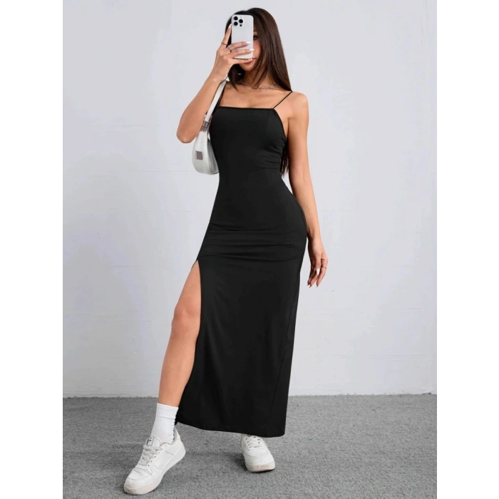 Kadın Ip Askılı Yandan Yırtmaçlı Janjan Krep Elbise