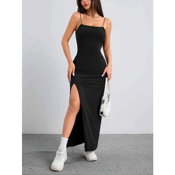 Kadın Ip Askılı Yandan Yırtmaçlı Janjan Krep Elbise