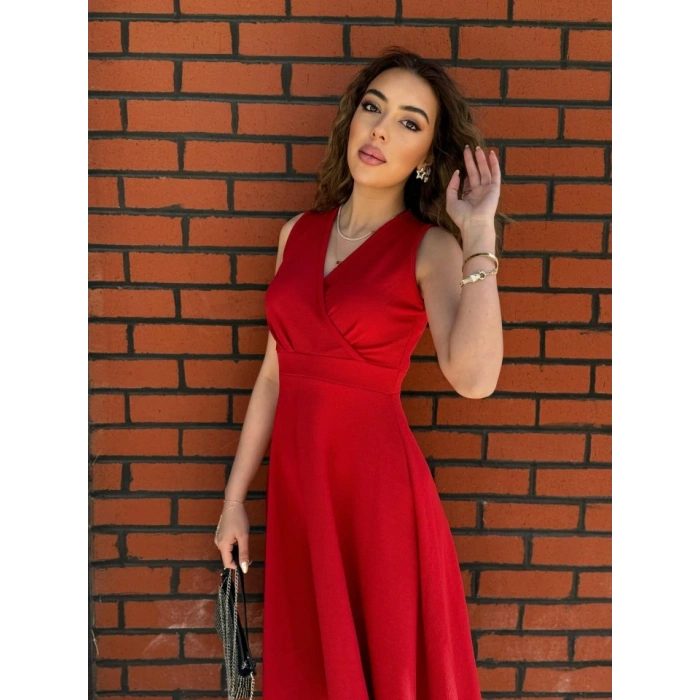 Kadın Ithal Krep Kumaş Kruvaze Yaka Eteği Kloş Kolsuz Mini Elbise