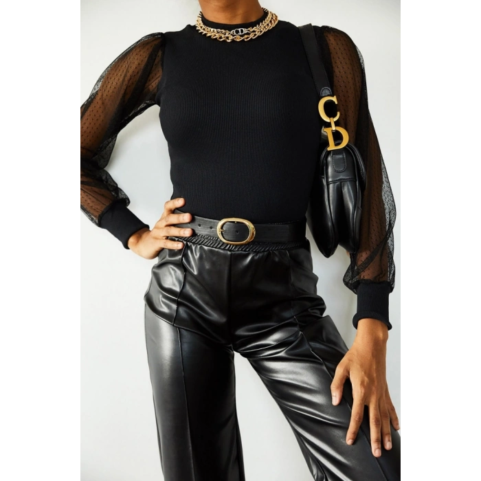 Kadın iyah Kolu Tül Detaylı Yarım Balıkçı Kaşkorse Bluz 6160