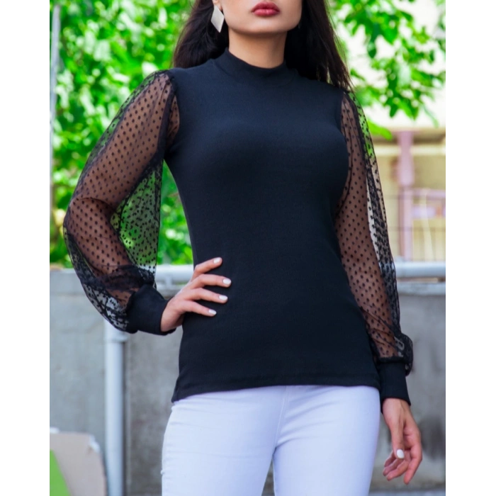 Kadın iyah Kolu Tül Detaylı Yarım Balıkçı Kaşkorse Bluz 6160