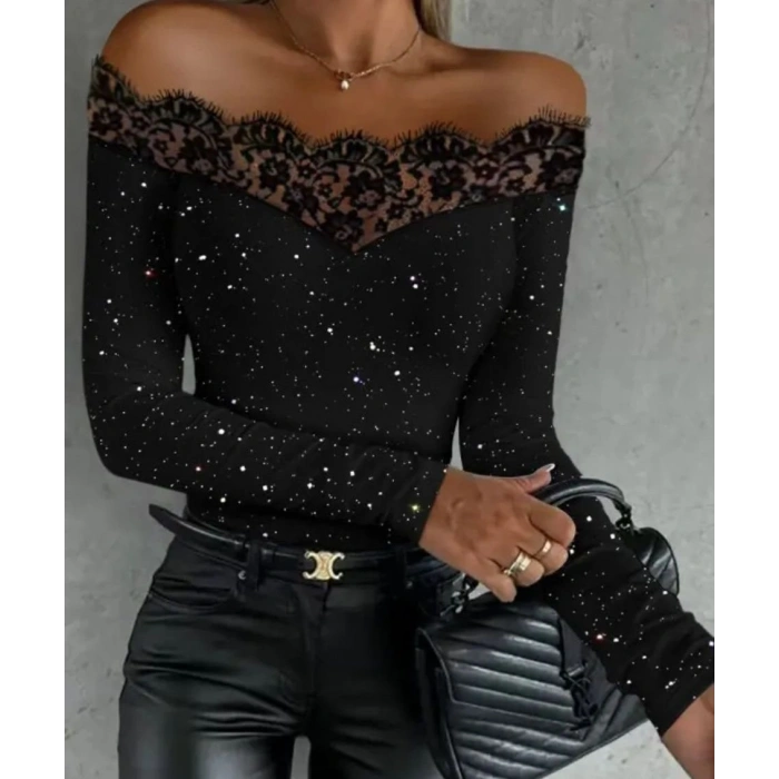 Kadın Kadife imli Kumaş Dantel Detaylı Bluz