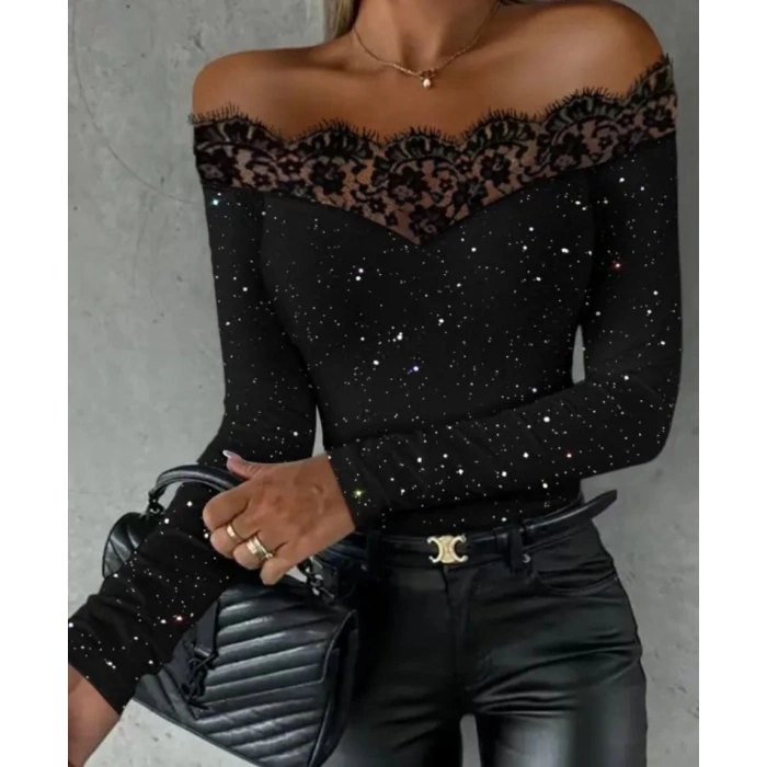 Kadın Kadife imli Kumaş Dantel Detaylı Bluz