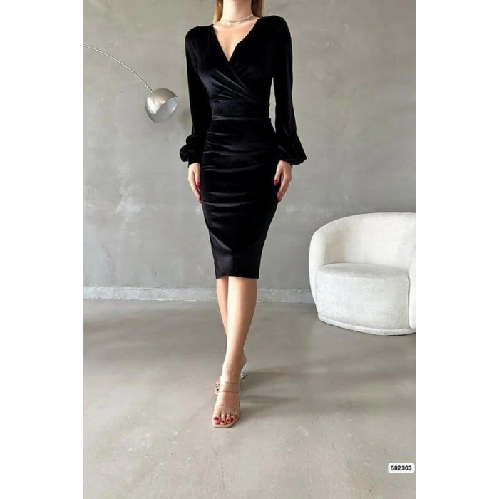 Kadın Kadife Kumaş Kruvaze Yaka Balon Kol Ve Yırtmaç Detaylı idi Boy Elbise