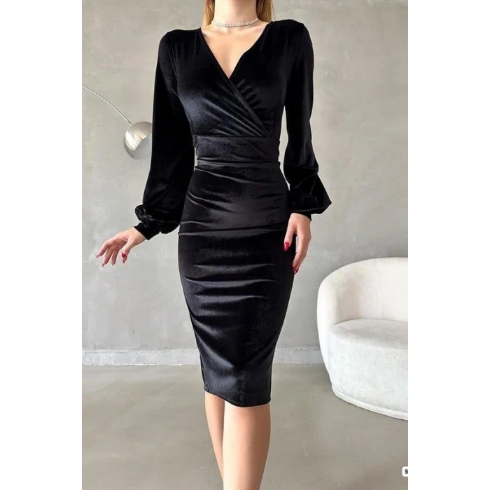 Kadın Kadife Kumaş Kruvaze Yaka Balon Kol Ve Yırtmaç Detaylı idi Boy Elbise