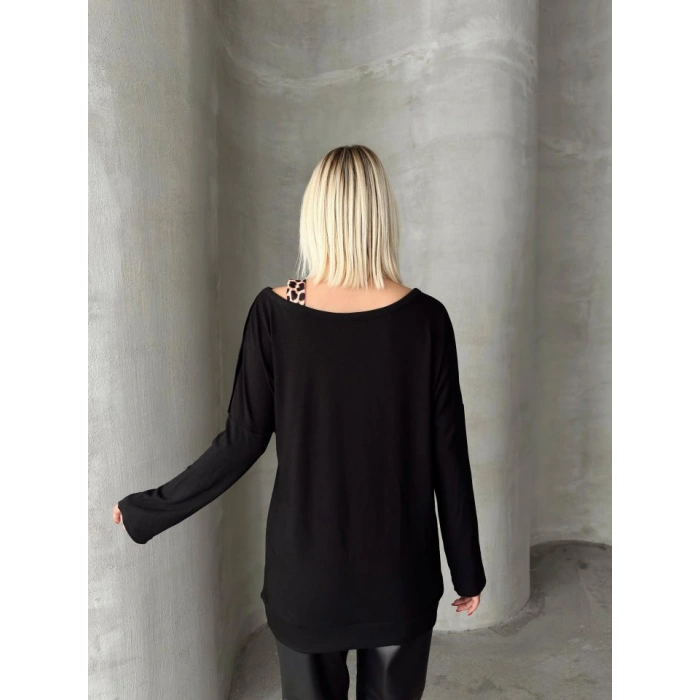 Kadın Kadife Kumaş Leopar Desenli Omuz Detay Uzun Kollu Bluz