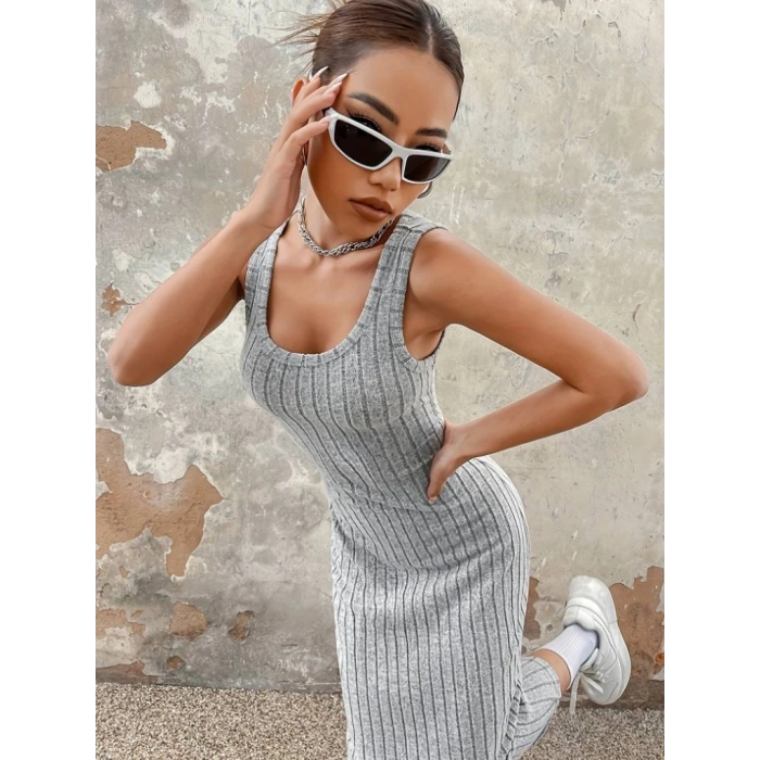 Kadın Kalın Askılı Kare Yaka Fitilli Kaşkorse Midi Boy Elbise