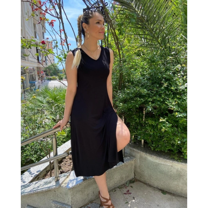 Kadın Kalın Askılı V Yaka Yırtmaç Detay Viskon Elbise