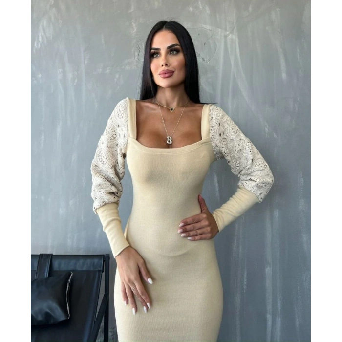 Kadın Kare Yaka Kolları anşet Ve Tül Detay Fırsat ürün idi Boy Elbise