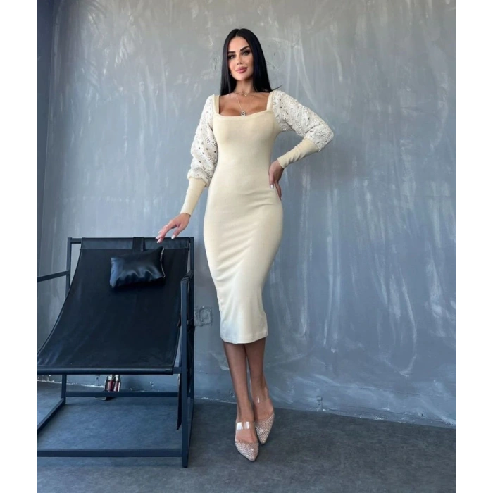 Kadın Kare Yaka Kolları anşet Ve Tül Detay Fırsat ürün idi Boy Elbise