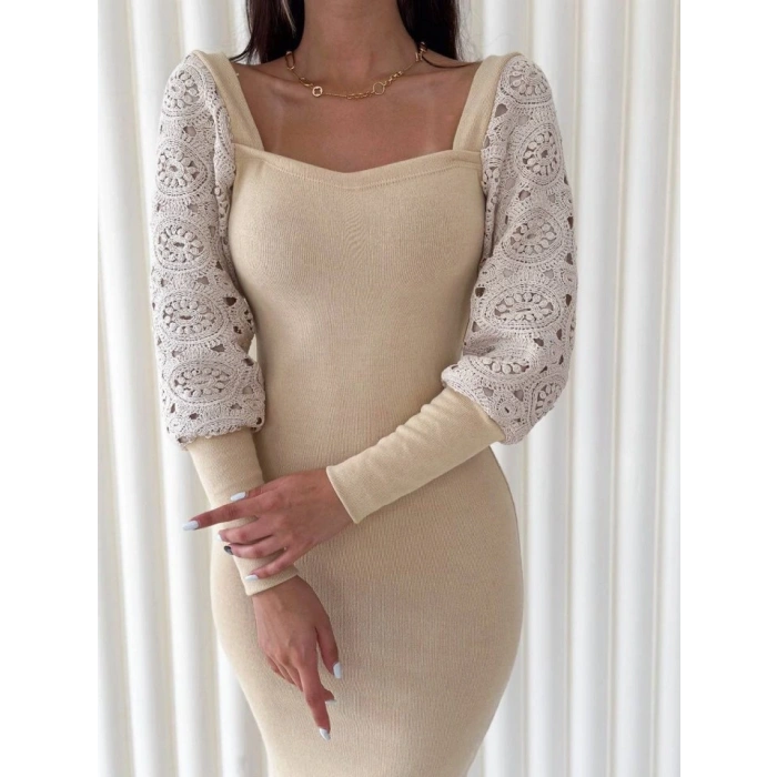 Kadın Kare Yaka Kolları anşet Ve Tül Detay Fırsat ürün idi Boy Elbise