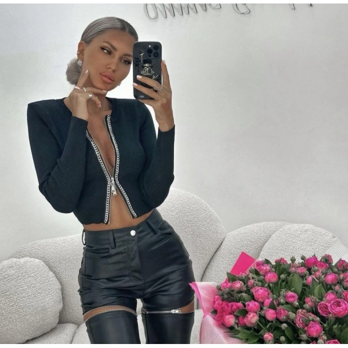 Kadın Kaşkorse Kumaş Zincirli Çift Fermuarlı Fırsat Ürün Bluz