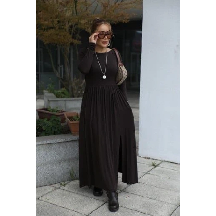 Kadın Kayık Yaka ırt Dekoltesi Ve Yırtmaç Detay axi Boy Elbise