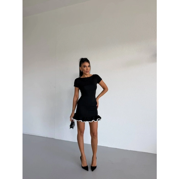 Kadın Kayık Yaka Kısa Kollu Eteği Olan Detay Dalgıç Kumaş ini Elbise