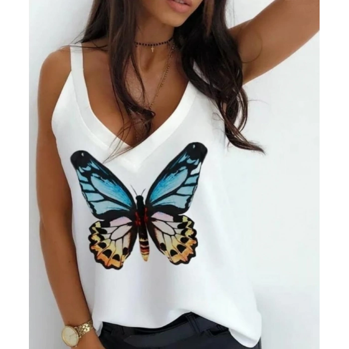 Kadın Kelebek Baskılı Sandy Kumaş Askılı Bluz