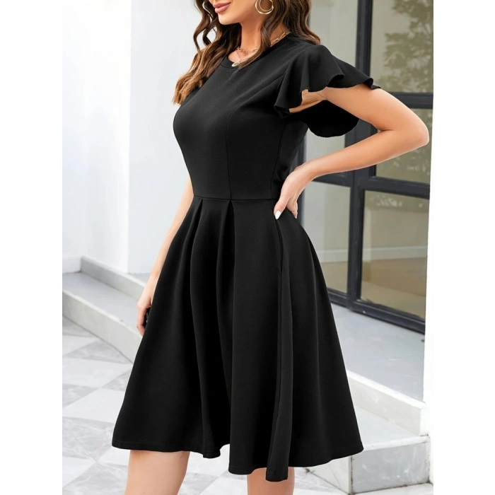 Kadın Kelebek Kollu Bisiklet Yakalı Pileli Ithal Krep Elbise