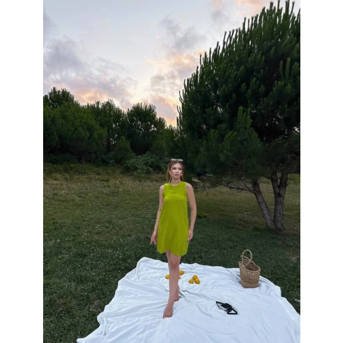 Kadın Keten Kumaş Kolsuz Mini Boy Elbise