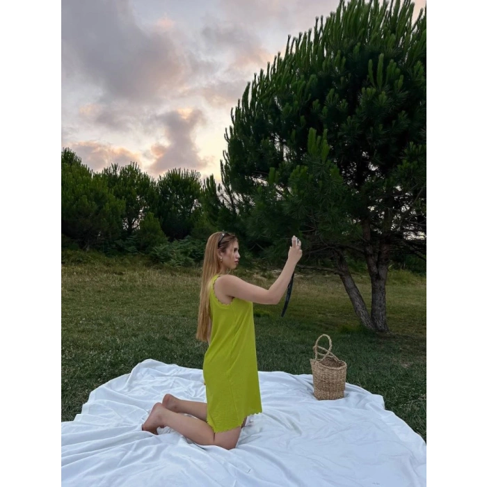 Kadın Keten Kumaş Kolsuz Mini Boy Elbise